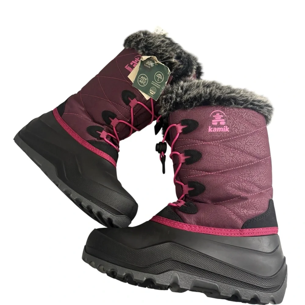 Kamik Girl’s Fur-Lined Vegan Winter Snow Outdoor Boots - Black and Pink Size 4 - Picture 6 of 9